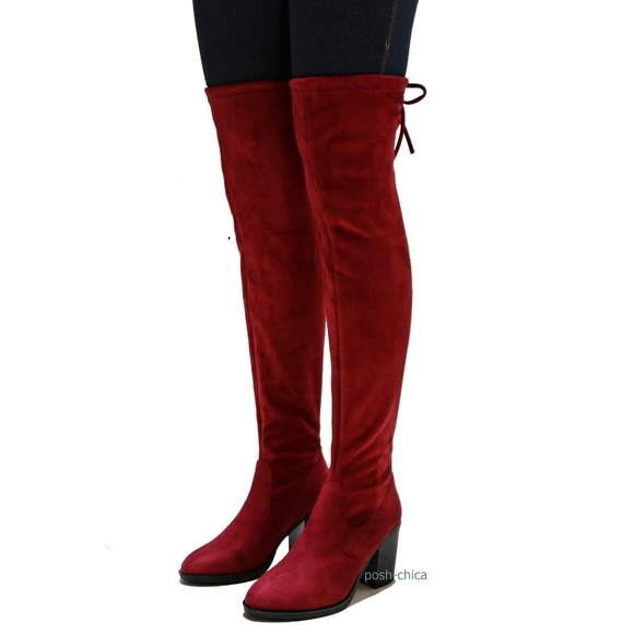 Wine Stretchy Over Knee Drawstring Heel Boot 8 8.5 - Picture 2 of 2